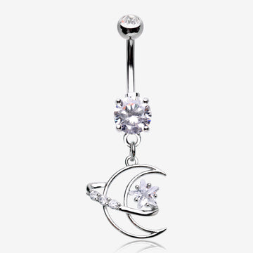 Hollow Crescent Moon Sparkle Star Orbit Dangle Belly Button Ring-Clear Gem